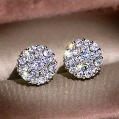 Moissanite Round Cut Women Cluster Wedding Stud Earrings 14k White Gold Finish • $101.49