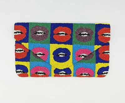 Hand Beaded Envelope Purse By CLUTCH ME By Q Pop Art Lips  Bag READ  80's • $75