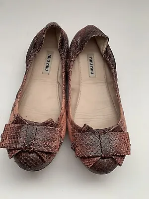 Miu Miu Brown Pink Leather Python Embossed Ombre Ballet Flats W/ Bow Size 37 • $89.99