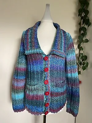 Hand Knitted Sweater Cardigan Womens Collared Low V-neck Pockets Button Multi • £35
