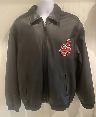 Vintage Mirage Cleveland Indians Chief Wahoo Black Leather Jacket Mens XL • $49.89