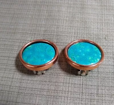 Matisse Renoir Blue Enamel Copper Earrings Round Disc Signed Speckled • $19.65