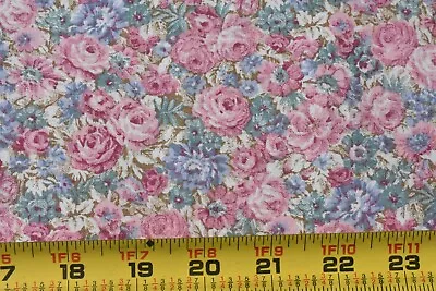 By 1/2 Yd Vintage Pink Blue Green & Tan Floral Quilt Cotton Peter Pan P8692 • $5.50