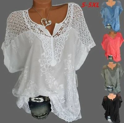 $15.94 • Buy Womens T-Shirt Ladies Batwing Short Sleeve Lace Hollow Baggy Casual Tops Blouse