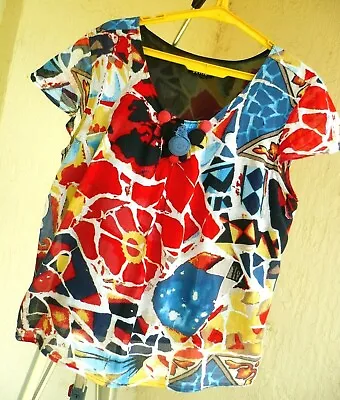 Rqt Blouse P L Cotton Bright Red Blue Geometric Baby Doll Mod Abstract Art Women • $14.11