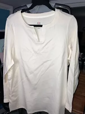 Nwot 1x Women's Cream Ivory Isaac Mizrahiv V Necktop 100% Cotton Ls C3 • $19.99