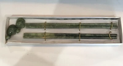 $85 • Buy 2 Pair Of 1980s Vintage Chinese Nephrite Jade Carved Chop Sticks W/turtle Stands