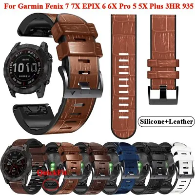 Leather+Silicone Watchband QuickFit Strap Fr Garmin Fenix 7X 7 6 6X Pro 5X 5 935 • $8.24