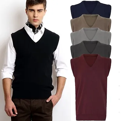 Men Gents V Neck Sleeveless Golf Bowling Cricket Knitted Jumper Pullover S-5XL • £9.95