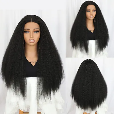 Women Yaki Straight Black Synthetic Lace Front Wigs Glueless Heat Resistant Hair • $23.80