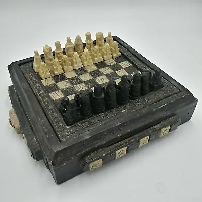 Mini Hand Carved Aztec/Mayan Onyx/Marble Chess Pieces W/ Hand Carved Travel Box • $125