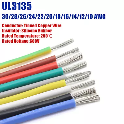 UL3135 10AWG~30AWG High Temp Silicone Rubber Cable Tinned Copper Wire Colourful • £3.43