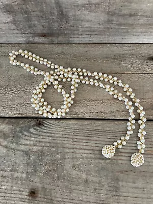 Vintage Woven Gold Knitted Faux Pearl Lariat Necklace 1950s 1960s Glamour • $8.99