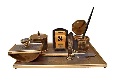 Vintage Writing Set Desk Set Inkwells Metal Blue Enameled Desktop Seal Dip Pen • $233.22