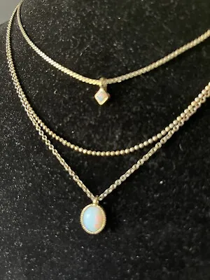 VTG. Gold Tone Three Strand Layered Chains Necklace With Faux White Opal Charms • $9.50