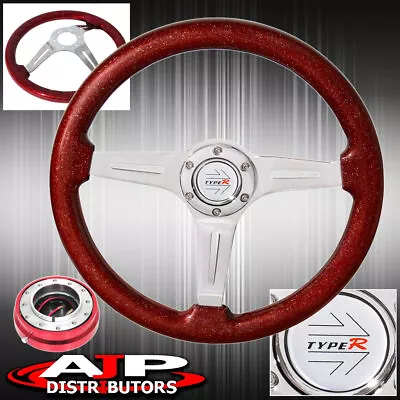 Deep Dish Metallic Red Wood Trim Type-R Steering Wheel + Red Slim Quick Release • $85.99