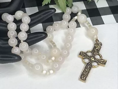 Vintage Milky Glass Bead Gold Tone CROSS Necklace~ Religious Jewelry • $0.99