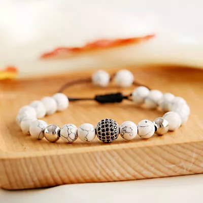 Fashion Men Natural Black Lava Zircon Micro Pave Round Beaded Macrame Bracelets • $2.95