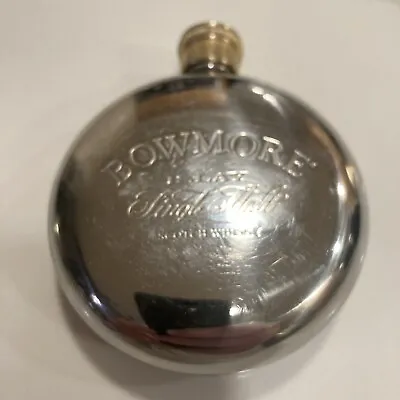 Rare Vintage Bowmore Islay Scotch Whisky Round Hip Flask Silver Shiny Collectors • $29