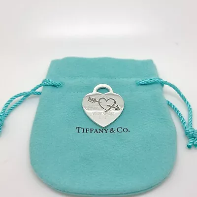 Tiffany Co Sterling Silver Etched Heart And Arrow Large Charm Pendant W/Pouch • $261.34