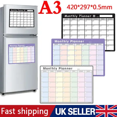 A3 Magnetic Fridge Calendar Whiteboard Dry Erase Planner Monthly Weekly Daily • £5.99