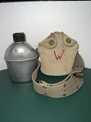 US Army Vntg 1944 WWll Vollrath Metal Canteen W/ Tan Cloth Cover & Adj Web Belt • $40