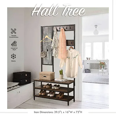 Hall Tree Grid Wall Coat Rack Shoe Bench Wood - Entryway Storage Shelf Organizer • $64.99
