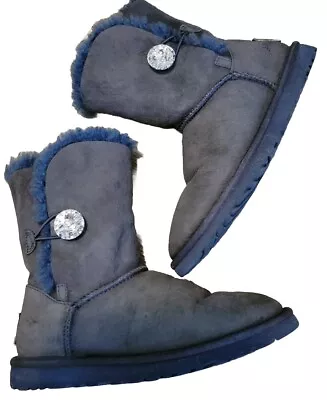 UGG Women's Size 5 Bailey Button Crystal Bling Blue Suede Fur Lined Boots 3349 • $20