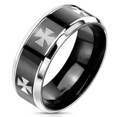 Stainless Steel Men's Black Maltese Or Iron Cross Biker Wedding Band Ring • $8.99