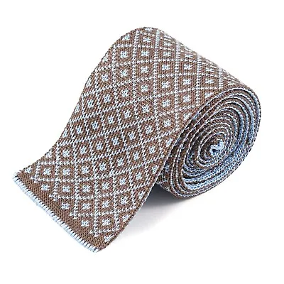E.Marinella Cocoa Brown-Sky Blue Jacquard Double-Sided Reversible Knit Silk Tie • $89