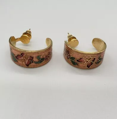 Vintage Pair Pink Floral Butterfly Cloisonne Hoop Earrings Pierced Gold Toned • $7.96