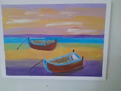 £3.50 • Buy New Acrylic Painting Of Mediterranean Boat's In The Sea Multicoloured Skyline
