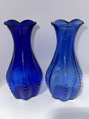 Lot Of Two Cobalt Blue Ribbed Scalloped Rim 7  Vases; Marked USA 2 • $3.99