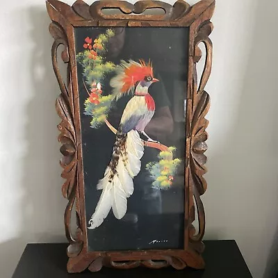 Vintage Mexican Feathercraft Bird Plume Folk Art Cedar Frame Aztec Mythology • $24.95