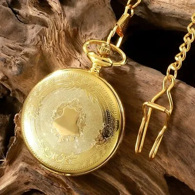 Gold Retro Vintage Pocket Watch With Chain Gift For Men Women Peaky Blinders • £8.95