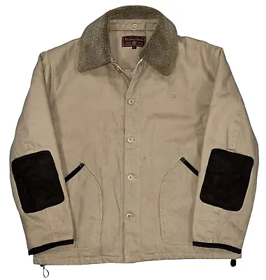 MARLBORO CLASSICS Beige Cotton Jacket Size Large Fur Collar Elbow Pads Mint • $55