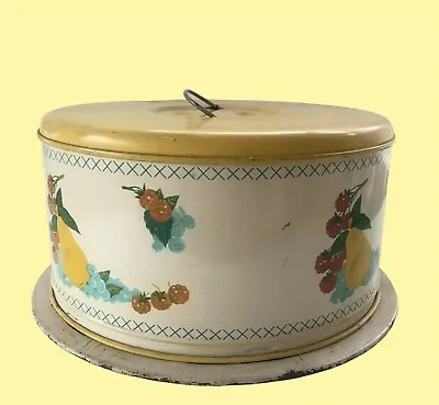 $22 • Buy Vtg Tin Cake Carrier Keeper Twist Lock Handle Yellow Fruit Pattern 50s MCM