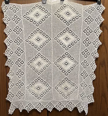 $25 • Buy Vintage Hand Made Crocheted Tablecloth W/Pink Trim~29” X 32’