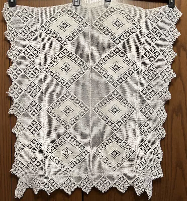 Vintage Hand Made Crocheted Tablecloth W/Pink Trim~29” X 32’ • $25