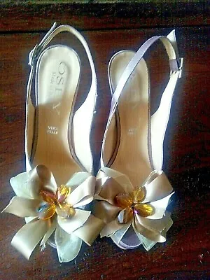 £15 • Buy Taupe Satin Platform Sling Back Shoes EU 38  With Jewels On Bows Made In Italy 