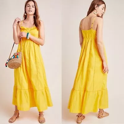 Anthropologie Maeve Arcadia Yellow Maxi Dress Ruffle Eyelet Sundress Petite 0 • $55