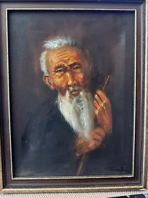 Vintage Southeast Asia Vietnamese? Framed Oil On Canvas Painting Of Old Wise Man • $85