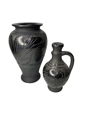 Pair Of Vintage Handmade Black Pottery Carved Floral Decoration • $35