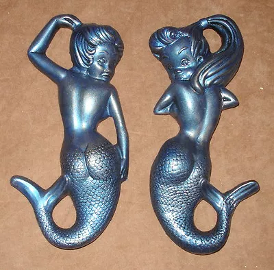 Mermaid Wall Sculpture Pair Mythical Plaque Metallic Blue • $33.99