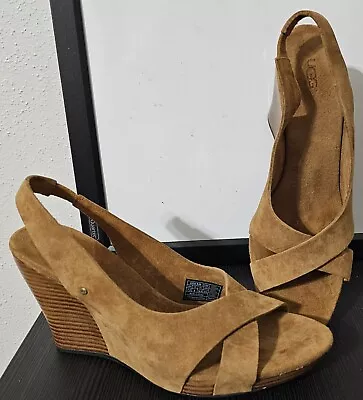 UGG Women's Hazel II Carmel Suede Slingback Stacked Wood Wedge Sandal Heels 7.5 • $55