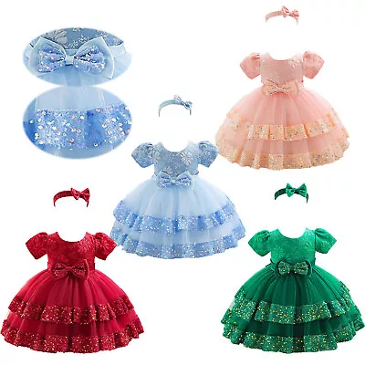 Girls Bridesmaid Dress Baby Flower Kids Party Rose Bow Wedding Dresses +Headband • £8.59