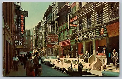 Vintage Chinatown NY Postcard Old Cars Macau Restaurant Neon Signs 1960s Street • $12.95