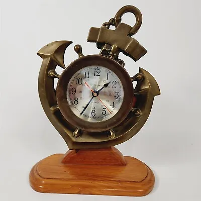 Vintage Quartz Brass Anchor Clock Ship's Time W/ Wood Stand • $49.95