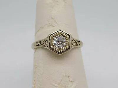 Lovely Art Deco 14k Solid White Gold Filigree Mine Cut Diamond Stone Ring • $350