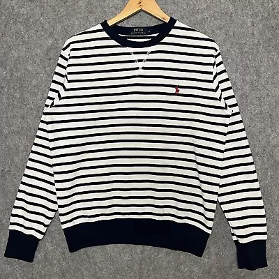 Polo Ralph Lauren Sweatshirt Jumper Striped Nautical White/Navy Blue Cotton M • £32